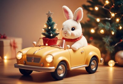 Rabbit in yellow car with a small christmas tree