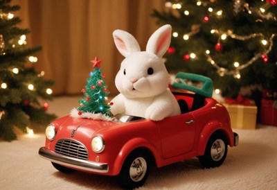 White bunny drives red toy car with tiny tree