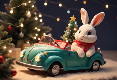 A white bunny rides in a teal car with a christmas tree