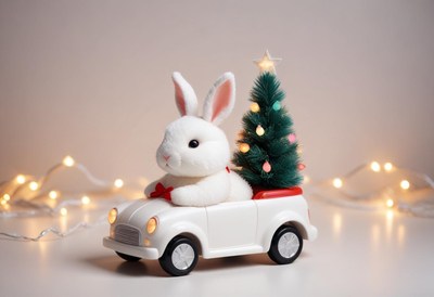 A white toy rabbit with red accents drives a white toy car