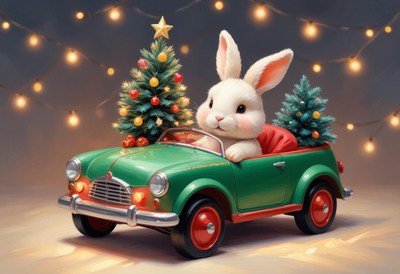 A cute bunny drives a car with christmas trees in the back
