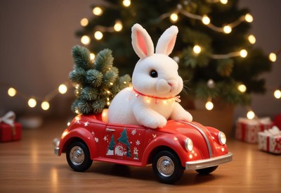 Bunny in a red toy car with a christmas tree