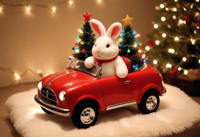 A white plush bunny is driving a red toy car