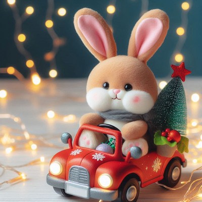 A plush bunny drives a red car with a christmas tree