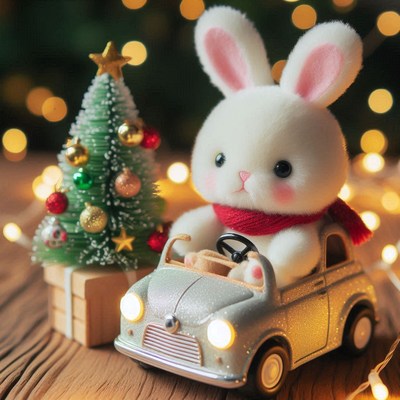 A white bunny drives a silver car past a christmas tree
