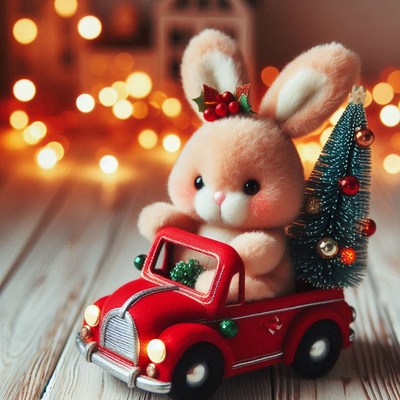 A plush, light brown bunny is sitting in a red toy truck