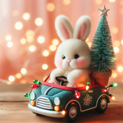 A fluffy bunny drives a toy car with christmas lights
