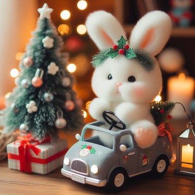Bunny drives a toy truck with a christmas tree