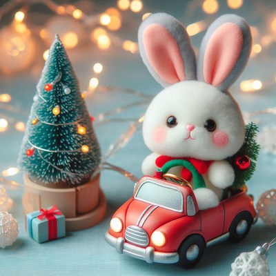 Bunny drives red toy car by mini christmas tree