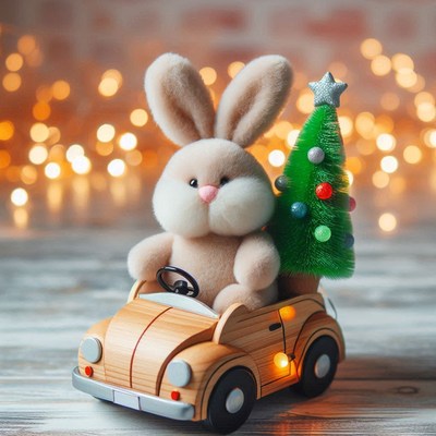 A plush bunny drives a toy car with a christmas tree