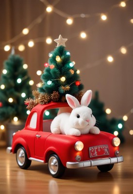 White rabbit in a red car with a tree on top