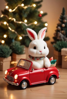 A white bunny sits in a red car in front of a christmas tree