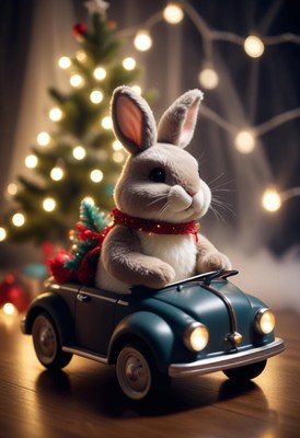 A plush rabbit drives a toy car in front of a christmas tree