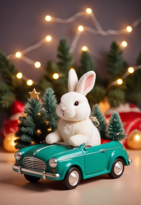 A white, plush bunny sits in a teal toy car