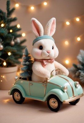 Bunny drives a green car with a christmas tree