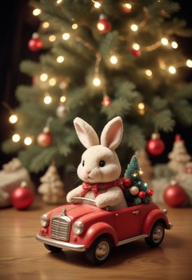 A white bunny drives a red toy car past a christmas tree