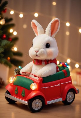 A rabbit in a scarf drives a red toy car