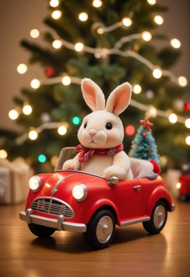A plush rabbit drives a red toy car past a christmas tree