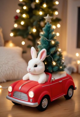 Bunny drives red car with christmas tree