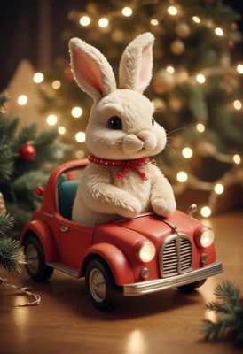 White rabbit in a red toy car by christmas tree
