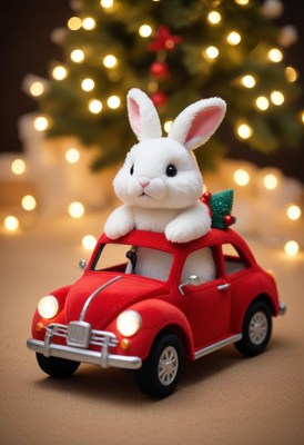 Bunny in a red car with a small christmas tree