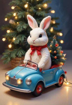 Rabbit in a red bow drives a blue car with a tree