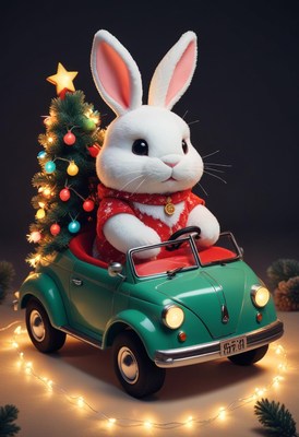 White rabbit in green car with christmas tree