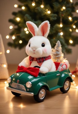 Bunny drives a green car with a small christmas tree