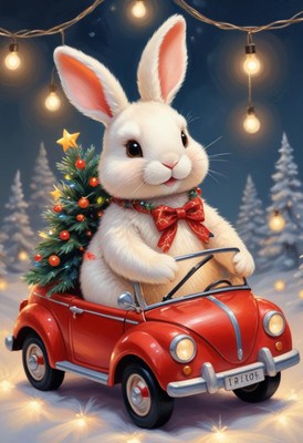 White rabbit drives a red car with a tree
