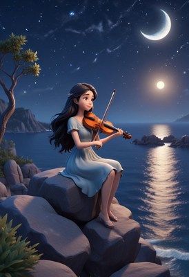 Girl plays violin on a cliff by the ocean at night
