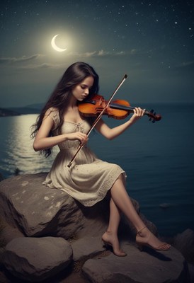 A woman with long brown hair is sitting on a rock