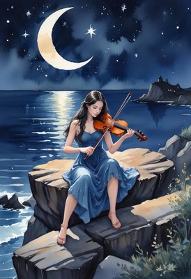 Woman plays violin on cliff by ocean at night