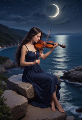 Woman plays violin on a cliff by the ocean at night