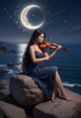 A woman plays violin on a cliff by a crescent moon