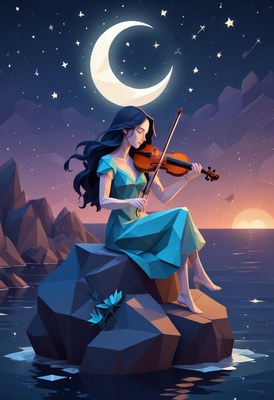 A woman plays the violin under a crescent moon