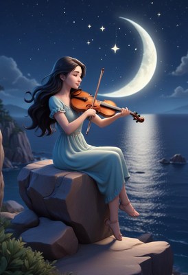 A woman plays the violin under a crescent moon