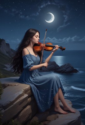A woman plays the violin on a rocky cliff at night