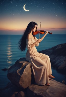 A woman plays the violin under a starry sky