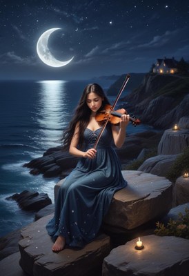 A woman plays a violin under a crescent moon by the sea