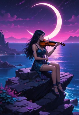 A woman plays the violin under a crescent moon