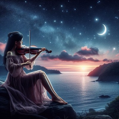 A woman plays the violin under a starry sky