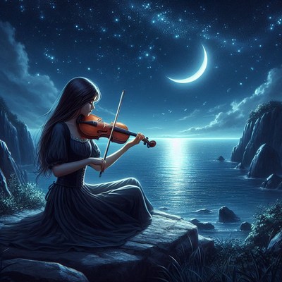A woman plays the violin under a crescent moon