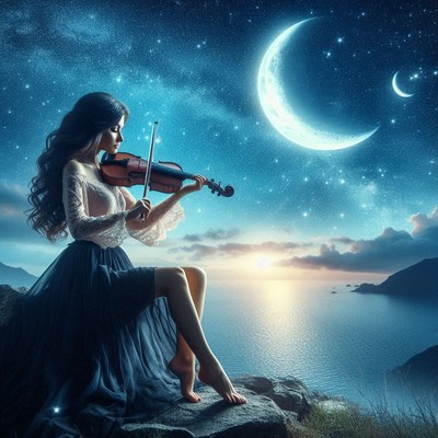 A woman plays the violin under a crescent moon