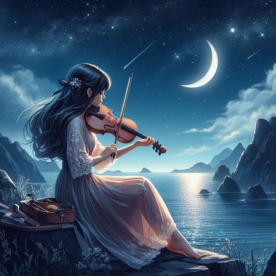 A woman plays the violin under a crescent moon