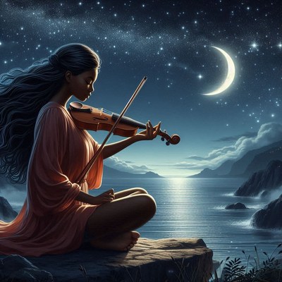 A woman plays the violin under a crescent moon