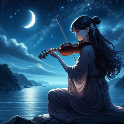 A woman plays violin under a crescent moon