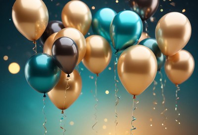 Golden and teal balloons float against a blue background