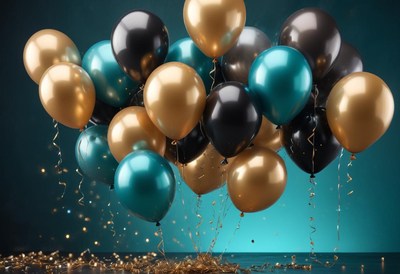 Balloons in gold, teal, and black on teal backdrop
