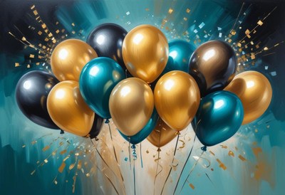 A bunch of gold, teal, and black balloons float in the air