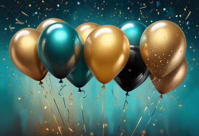 Gold and teal balloons float against a blue background